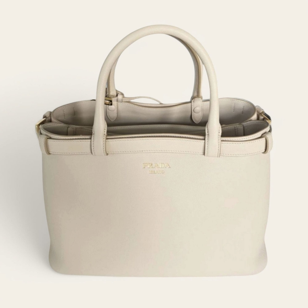 NWT PRADA Buckle Medium Leather Handbag with Double Belt  Ivory